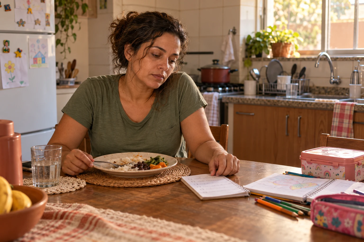 Uma mulher à mesa da cozinha entre uma refeição, uma lista de tarefas e materiais das crianças.
