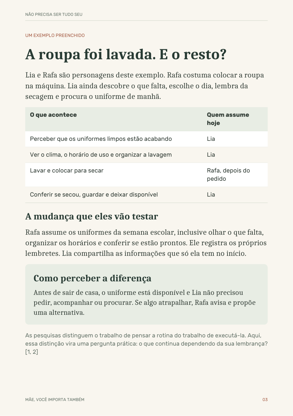 Exemplo preenchido da divisão dos cuidados com os uniformes, página 3 do bônus